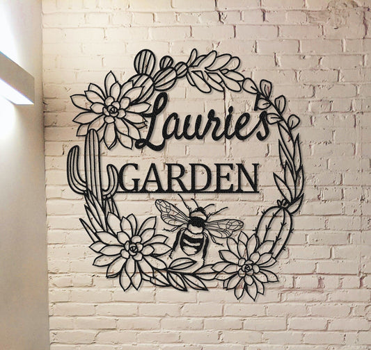 Cactus Garden Metal Sign,Cactus Bee Sign,Custom Garden Wall Art,Garden Decor,Indoor Decor,Outdoor Decoration,Personalized Sign Name