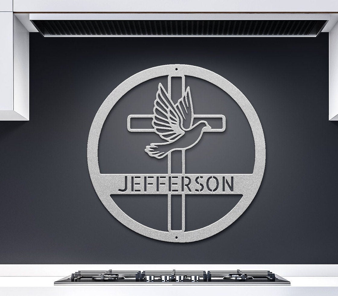 Christian Metal Sign, Personalized Metal Cross Sign, Dove and Cross Monogram, Custom Name Monogram Sign, Dove Metal Sign, Spiritual Wall Art