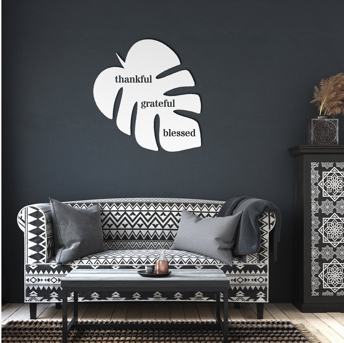 Thankful Grateful Blessed Black Metal Wall Art, Metal Leaf Wall Art, Metal Scripture Wall Art, Outdoor Patio Metal Sign, Large Metal Sign