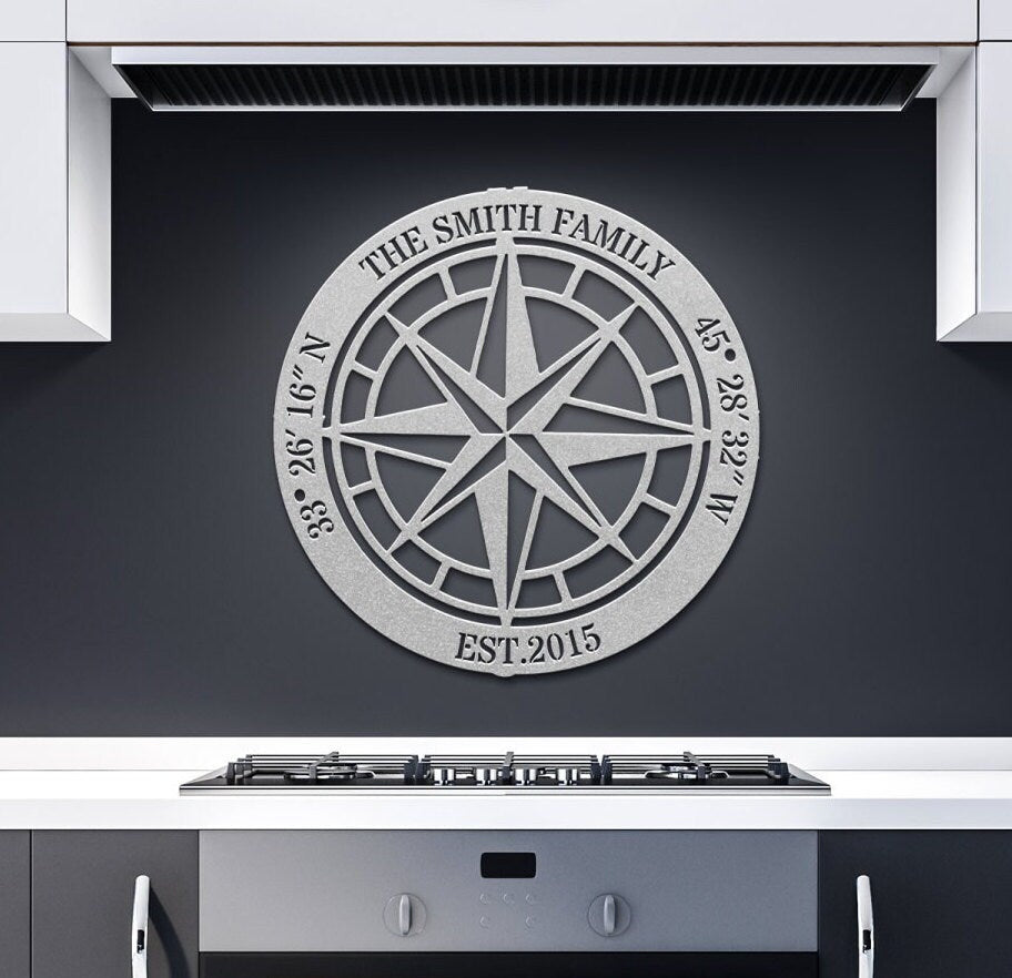 Custom Compass Metal Sign, North Star Compass Wall Art, Custom Rustic Compass, Family Name Sign, Custom Coordinates Sign, Adventure Gift