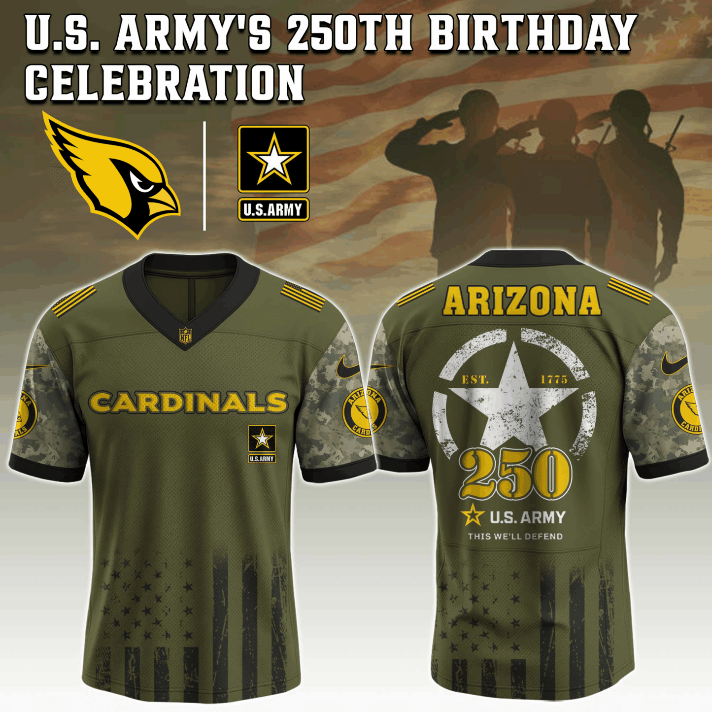 Arizona Cardinals x U.S. ARMY'S 250TH Birthday Special Edition Jersey - Tycheco