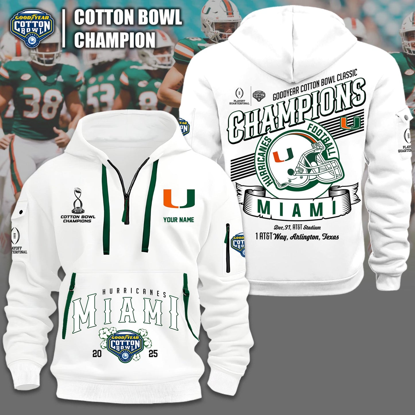 Miami Hurricanes NCAA 2025-2026 Goodyear Cotton Bowl Classic Champions Quarter Zipper Hoodie