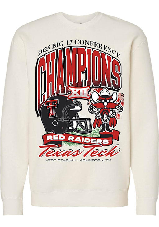 Mens Ivory Texas Tech Red Raiders 2025 Big 12 Football Champions Mascot Crew Sweatshirt