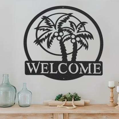 Metal Welcome Sign, Large Metal Wall Art, Welcome Sign For Front Porch, Metal Palm Tree Decor, Tropical Welcome Sign, Housewarming Gift