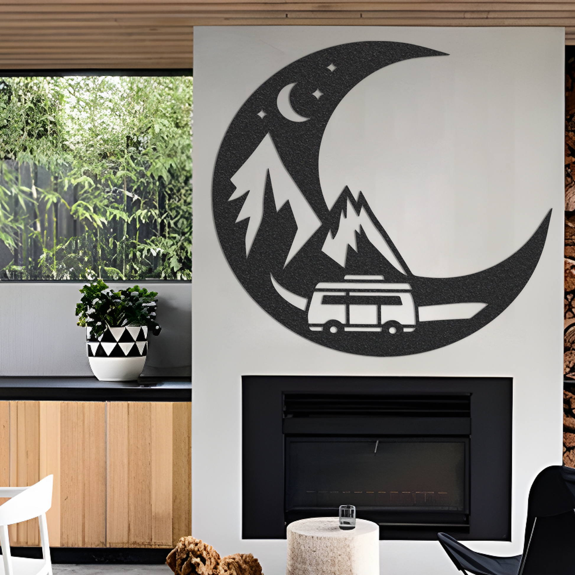 Moon Camper Metal Art / Moon and Wolf Metal Art / Metal Wall Art / Half Moon Sign / Outdoor Home Decor / Custom Wall Art Decor