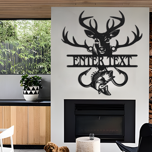 Personalized Deer And Fish Metal Sign, Custom Name Sign Fish Wall Art, Outdoor Metal Sign Deer Wall Art, Metal Wall Decor, Housewarming Gift