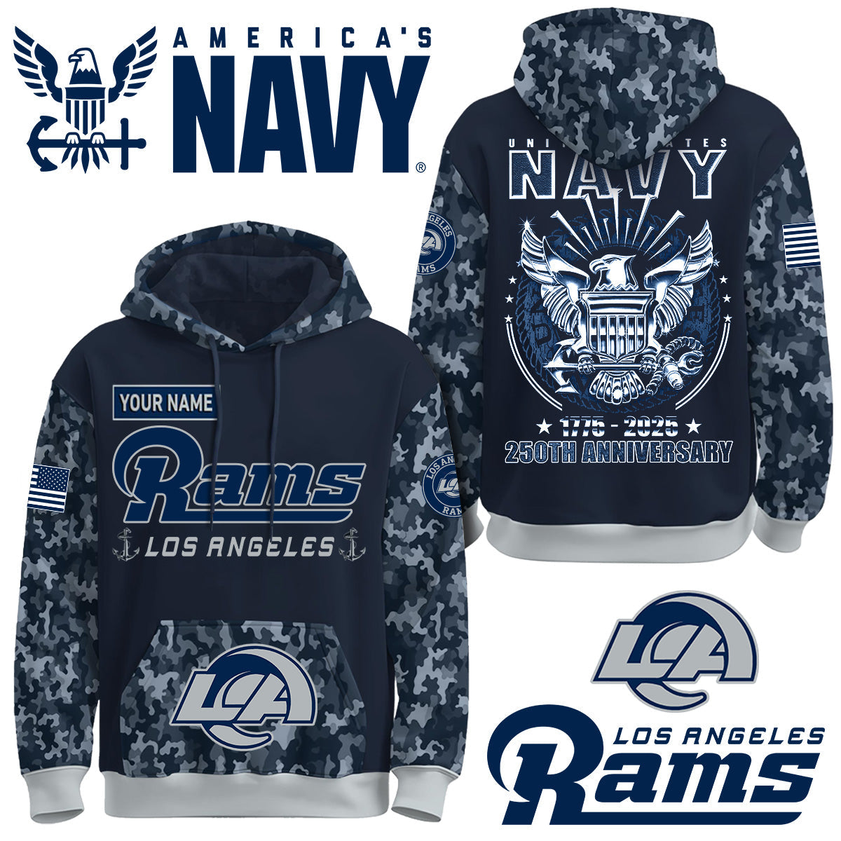 Los Angeles Rams x U.S Navy 250th Birthday Anniversary-3D Unisex Hoodie