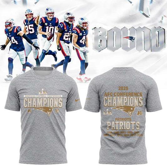 NE Patriots 2025 AFC Champions Gold Gray Shirt