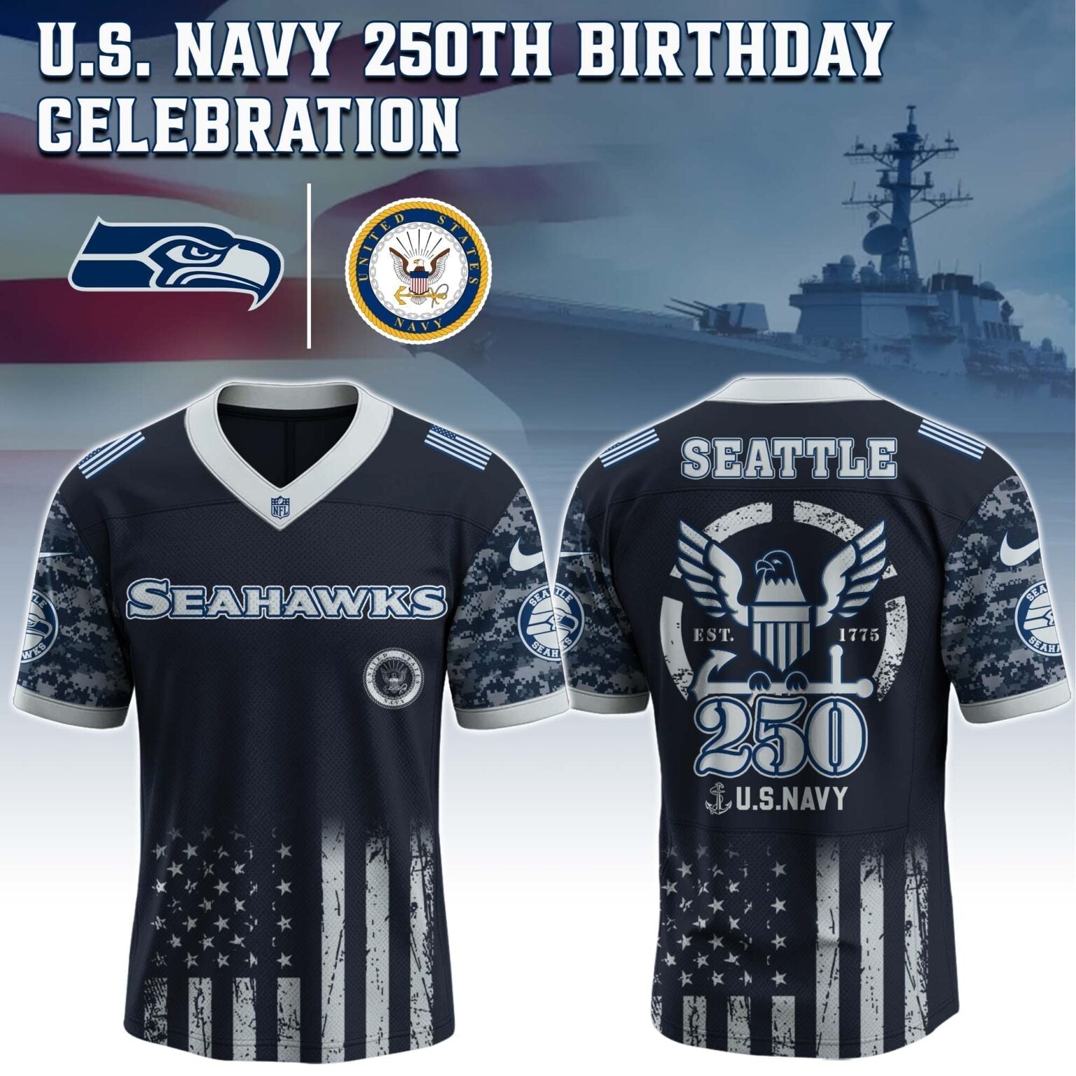 Seattle Seahawks x U.S. NAVY 250TH Birthday Special Edition Jersey - Tycheco