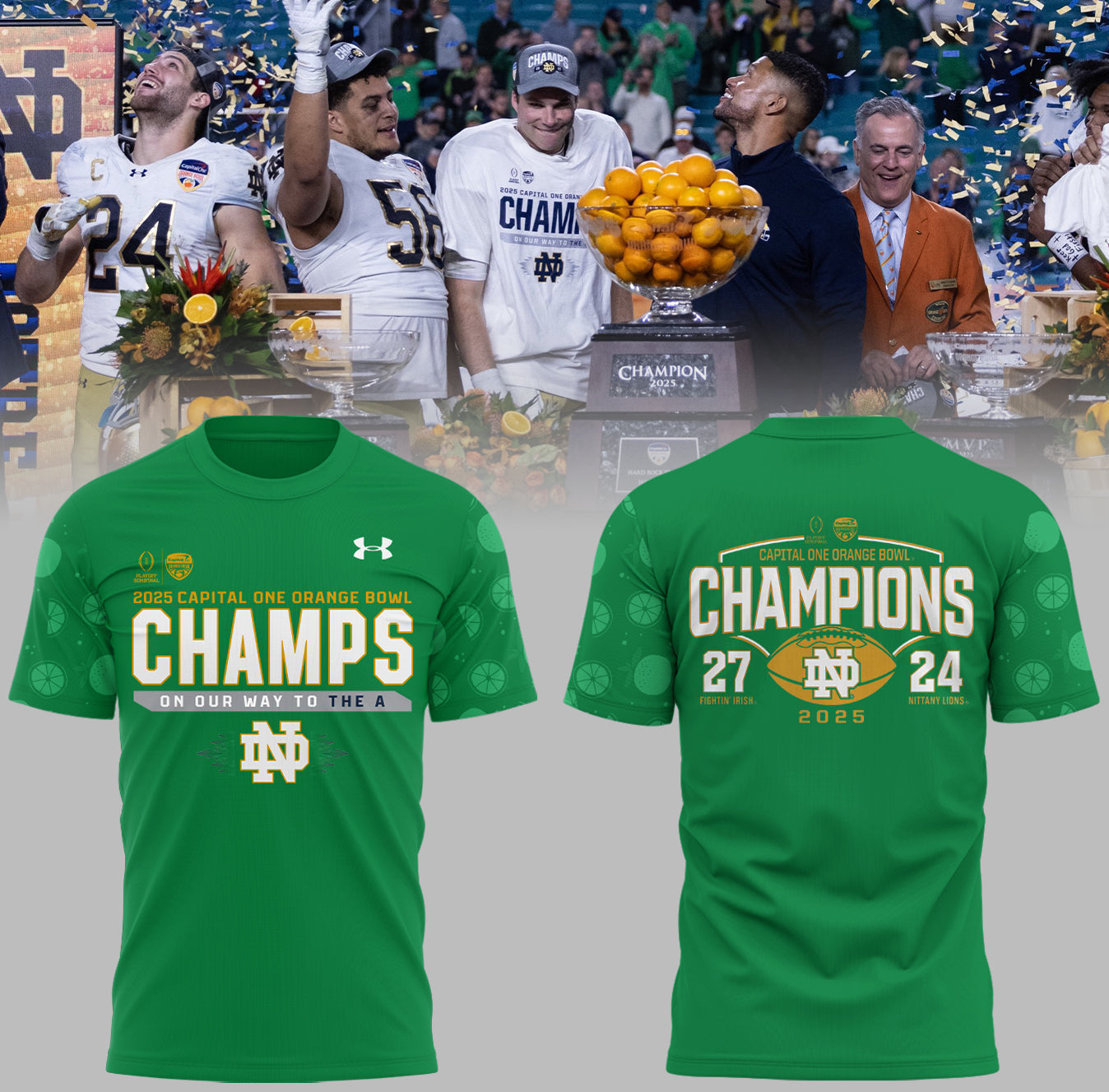 Notre Dame Fighting Irish Football NCAA Under Armour Limited Orange Bowl Champions Green T-Shirt