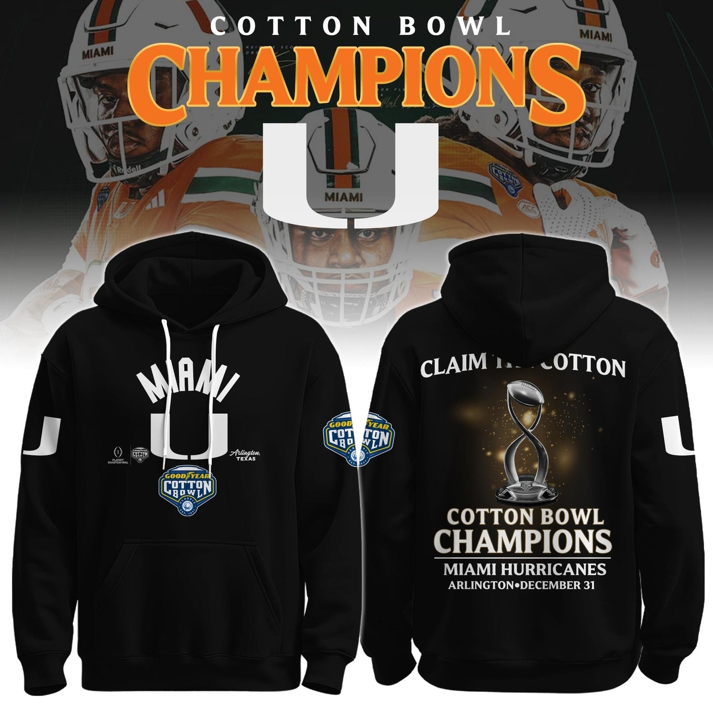 Miami Hurricanes Football Cotton Bowl Champions 2025 Combo Hoodie