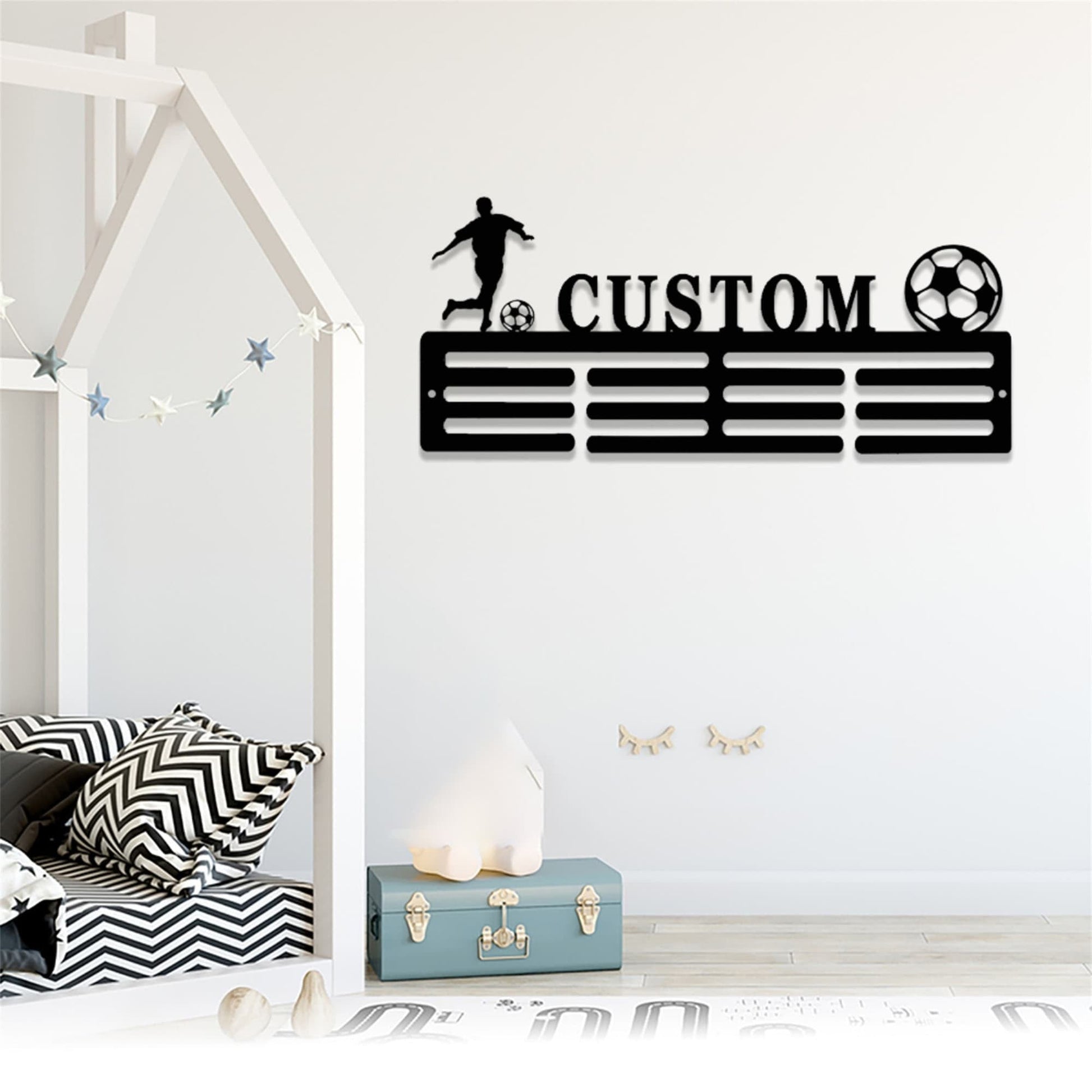 Personalized Soccer Medal Holder,Custom Soccer Name Medal Hanger,2 Rungs for Medals & Ribbons,Soccer Award Display,Soccer Medal Display