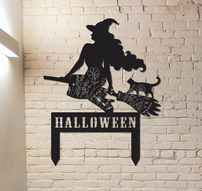 Witch Flying on a Broomstick Stake Sign,Custom Halloween Stake Sign,Halloween Gift Personalized,Witch Halloween Decor,Witch on a broom art