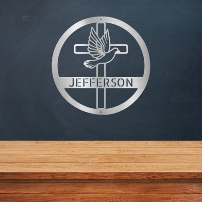 Christian Metal Sign, Personalized Metal Cross Sign, Dove and Cross Monogram, Custom Name Monogram Sign, Dove Metal Sign, Spiritual Wall Art
