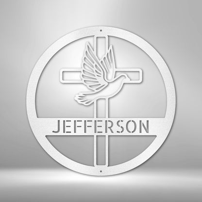 Christian Metal Sign, Personalized Metal Cross Sign, Dove and Cross Monogram, Custom Name Monogram Sign, Dove Metal Sign, Spiritual Wall Art
