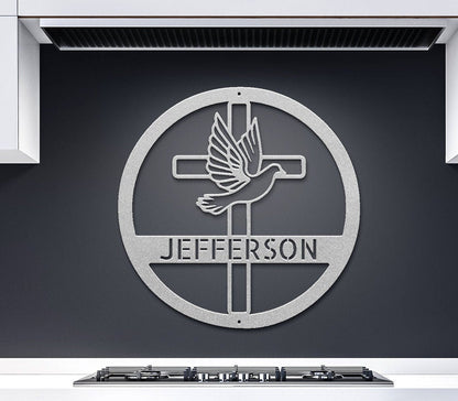 Christian Metal Sign, Personalized Metal Cross Sign, Dove and Cross Monogram, Custom Name Monogram Sign, Dove Metal Sign, Spiritual Wall Art