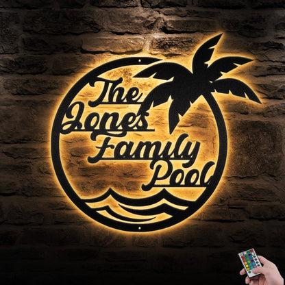The Family Pool Personalized Metal Wall Art With LED, Great For Decorating Indoor Swimming Pool, Personalized Pool & Patio Metal Sign.