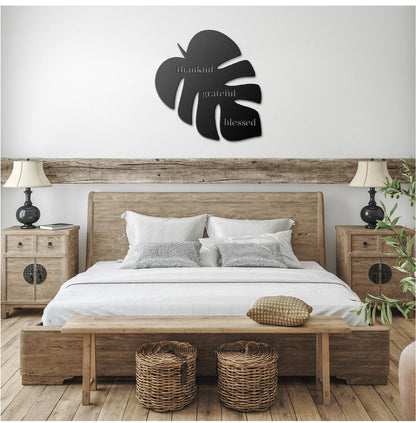 Thankful Grateful Blessed Black Metal Wall Art, Metal Leaf Wall Art, Metal Scripture Wall Art, Outdoor Patio Metal Sign, Large Metal Sign