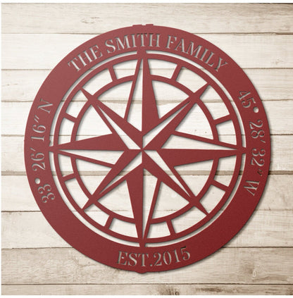 Custom Compass Metal Sign, North Star Compass Wall Art, Custom Rustic Compass, Family Name Sign, Custom Coordinates Sign, Adventure Gift