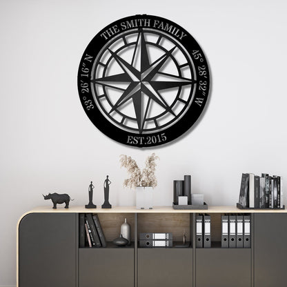 Custom Compass Metal Sign, North Star Compass Wall Art, Custom Rustic Compass, Family Name Sign, Custom Coordinates Sign, Adventure Gift
