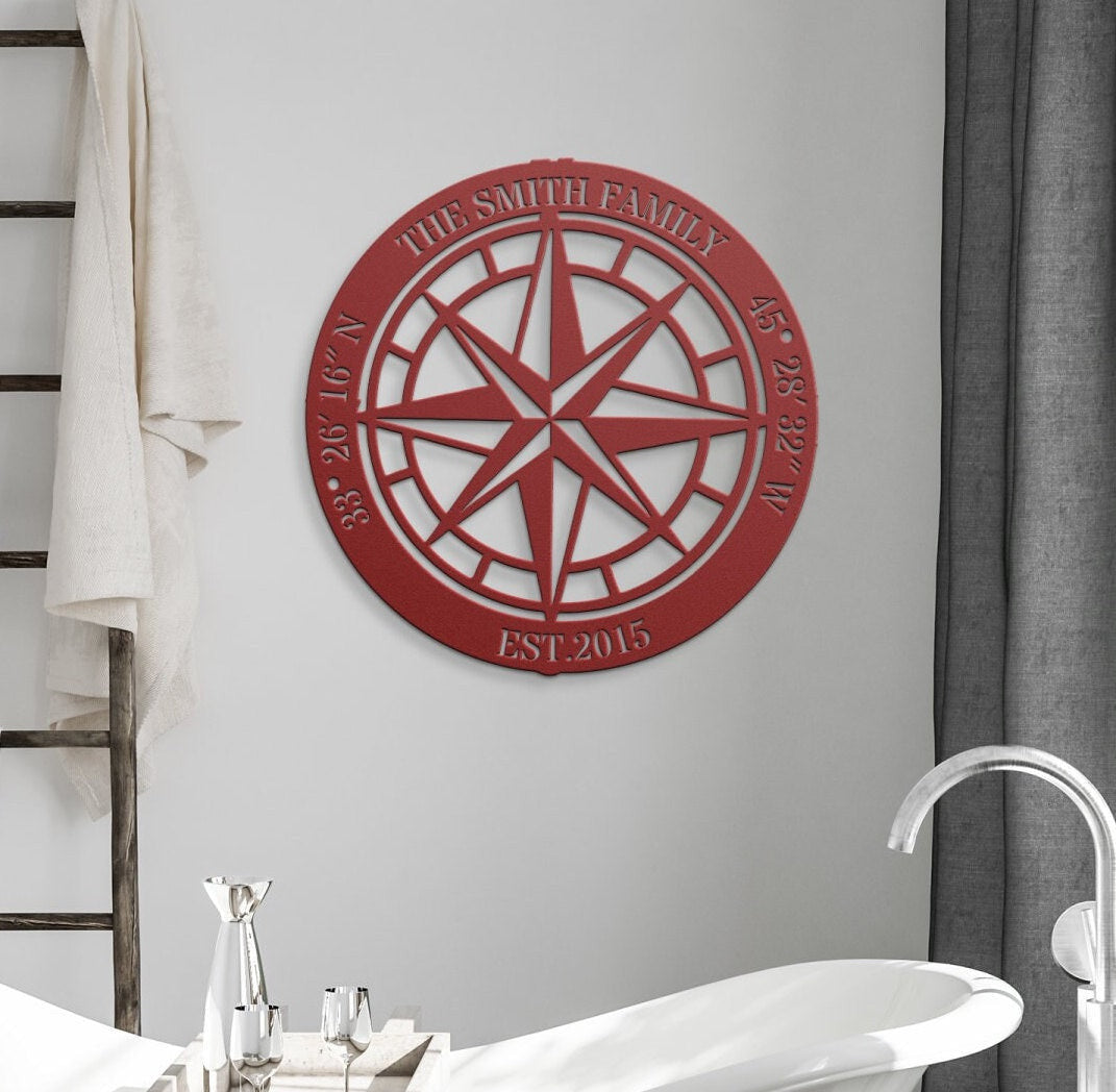 Custom Compass Metal Sign, North Star Compass Wall Art, Custom Rustic Compass, Family Name Sign, Custom Coordinates Sign, Adventure Gift