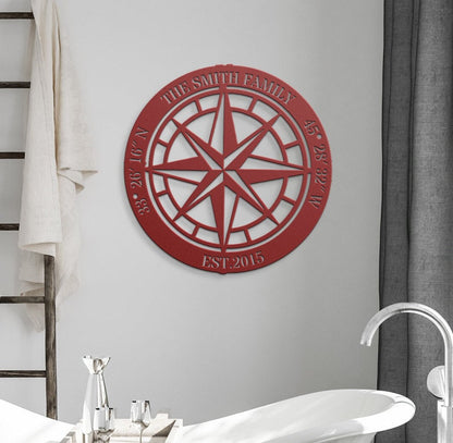 Custom Compass Metal Sign, North Star Compass Wall Art, Custom Rustic Compass, Family Name Sign, Custom Coordinates Sign, Adventure Gift