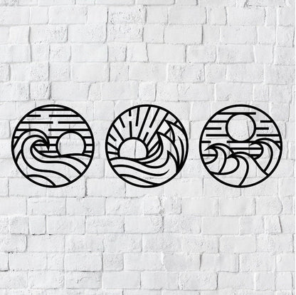 Three Piece Metal Wall Art Waves / Metal Wall Art / 3 Piece Sun and Waves Metal Wall Art / Metal Home Decor / Waves Wall Art Decor