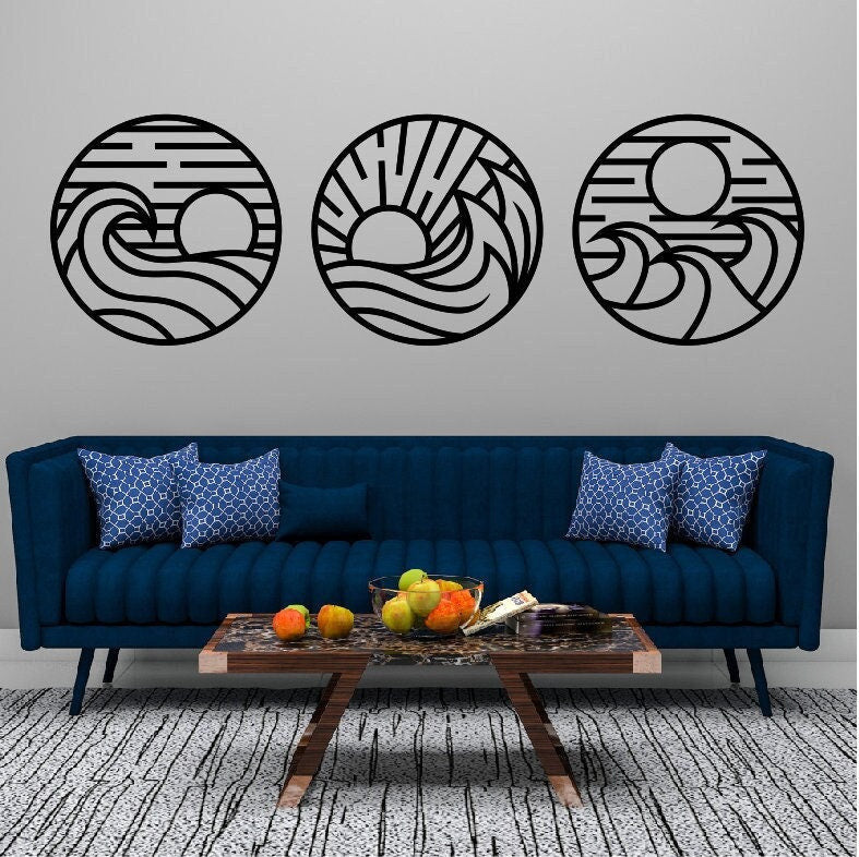 Three Piece Metal Wall Art Waves / Metal Wall Art / 3 Piece Sun and Waves Metal Wall Art / Metal Home Decor / Waves Wall Art Decor