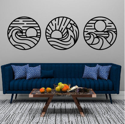 Three Piece Metal Wall Art Waves / Metal Wall Art / 3 Piece Sun and Waves Metal Wall Art / Metal Home Decor / Waves Wall Art Decor