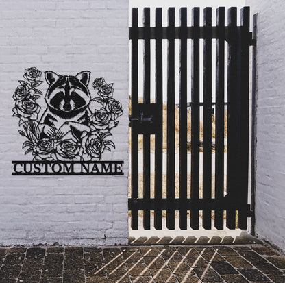 Custom Raccoon Floral Metal Sign,Raccoon Wall Art,Metal Raccoon Wall Decor,Personalized Raccoon Sign Name,Front Door Decor,Garden Decor