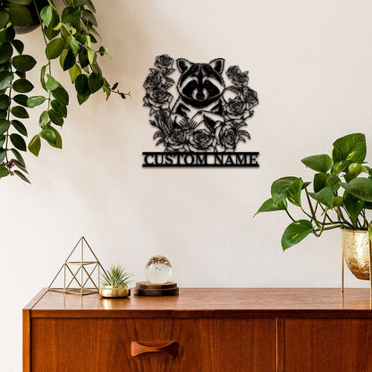 Custom Raccoon Floral Metal Sign,Raccoon Wall Art,Metal Raccoon Wall Decor,Personalized Raccoon Sign Name,Front Door Decor,Garden Decor