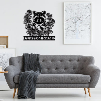 Custom Raccoon Floral Metal Sign,Raccoon Wall Art,Metal Raccoon Wall Decor,Personalized Raccoon Sign Name,Front Door Decor,Garden Decor