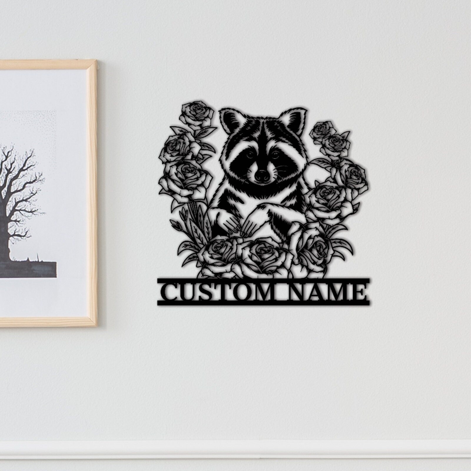 Custom Raccoon Floral Metal Sign,Raccoon Wall Art,Metal Raccoon Wall Decor,Personalized Raccoon Sign Name,Front Door Decor,Garden Decor