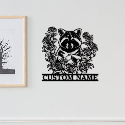 Custom Raccoon Floral Metal Sign,Raccoon Wall Art,Metal Raccoon Wall Decor,Personalized Raccoon Sign Name,Front Door Decor,Garden Decor