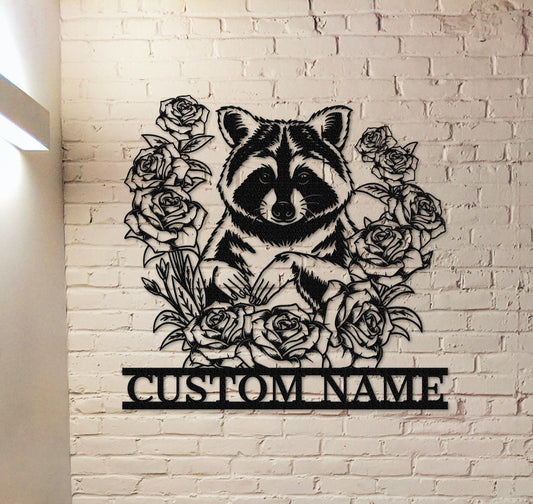 Custom Raccoon Floral Metal Sign,Raccoon Wall Art,Metal Raccoon Wall Decor,Personalized Raccoon Sign Name,Front Door Decor,Garden Decor