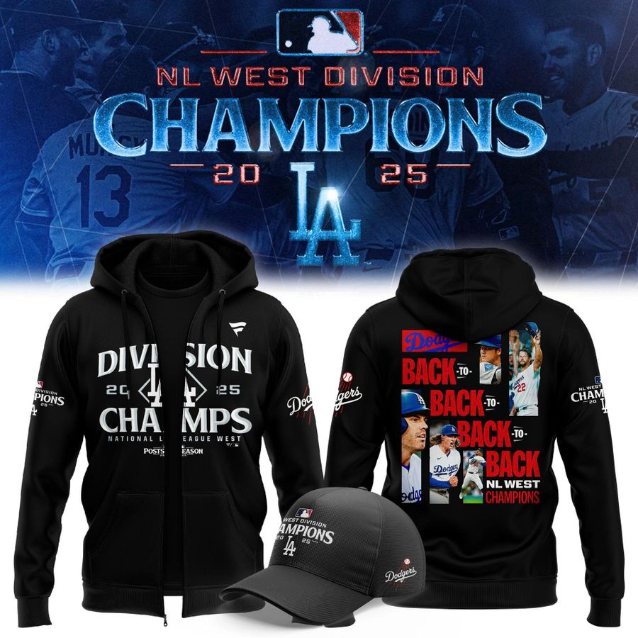 Official Los Angeles Dodgers Royal NL West Division Champs 2025 Zip Hoodie (Black)