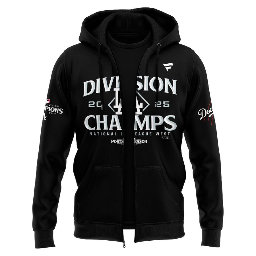 Official Los Angeles Dodgers Royal NL West Division Champs 2025 Zip Hoodie (Black)