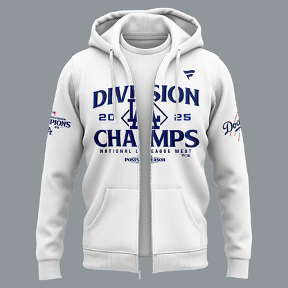 Official Los Angeles Dodgers Royal NL West Division Champs 2025 Zip Hoodie (White)