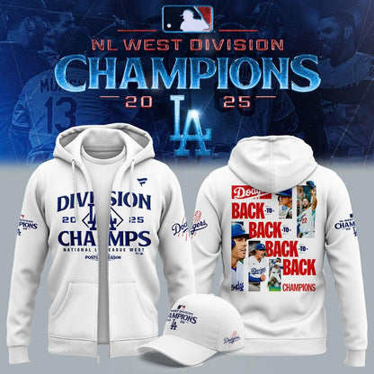 Official Los Angeles Dodgers Royal NL West Division Champs 2025 Zip Hoodie (White)