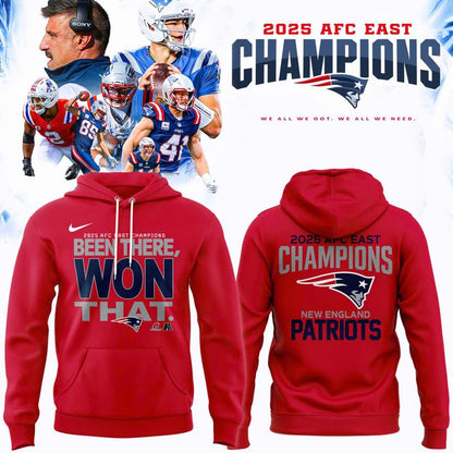 Official New England Patriots 2025 AFC East Division Champions "Been There Won That" Hoodie - Red V2 (Updated Version)