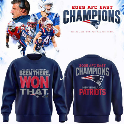 Official New England Patriots 2025 AFC East Division Champions "Been There Won That" Sweatshirt - Navy (Updated Version)