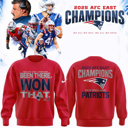 Official New England Patriots 2025 AFC East Division Champions "Been There Won That" Sweatshirt - Red (Updated Version)