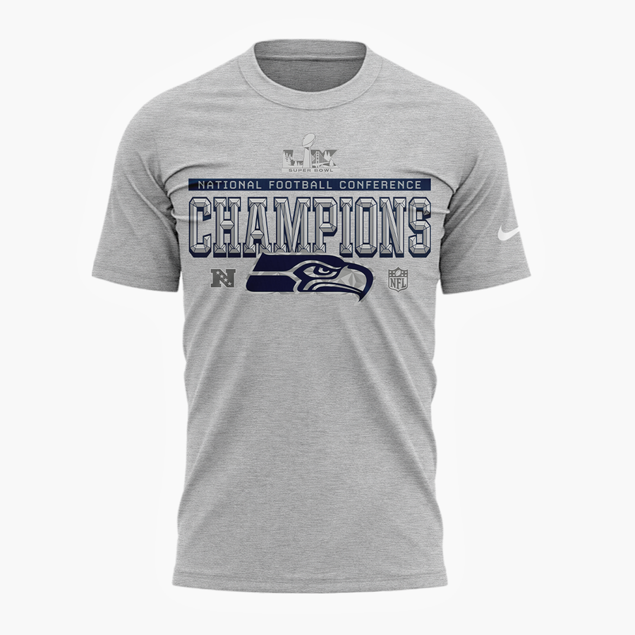 Seattle Seahawks Heather Gray 2025 NFC Champions Locker Room Trophy Collection Tshirt