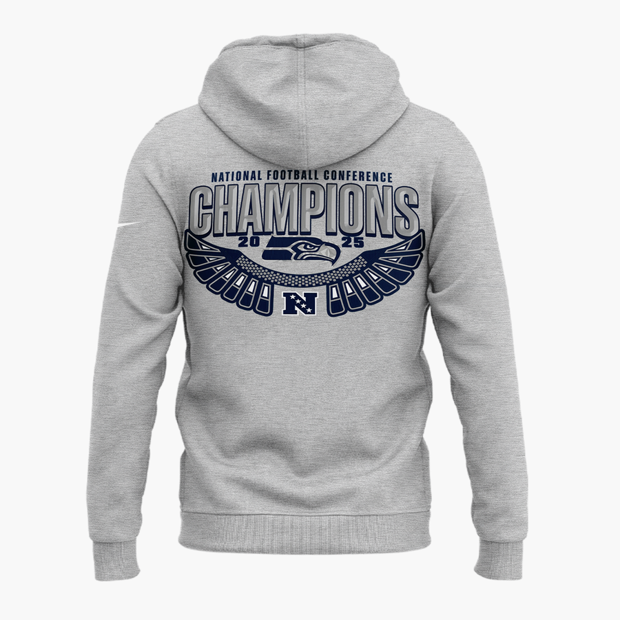 Seattle Seahawks Heather Gray 2025 NFC Champions Locker Room Trophy Collection Hoodie