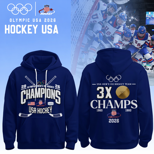 ,   Team USA 2026 Olympic Men’s Ice Hockey Champions Hoodie Limited Edition Blue
